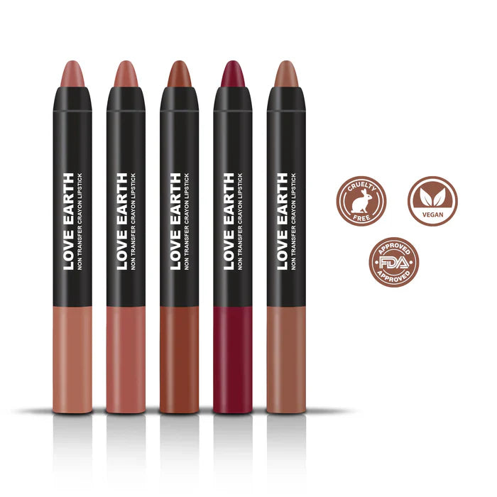 Love Earth Matte Lip Crayon Pack of 5 – Non-Transfer, Long-Lasting Lipsticks